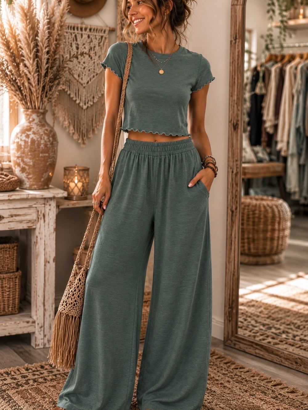 Zenana Ash Jade Slub Knit Wide Leg Lounge Pants